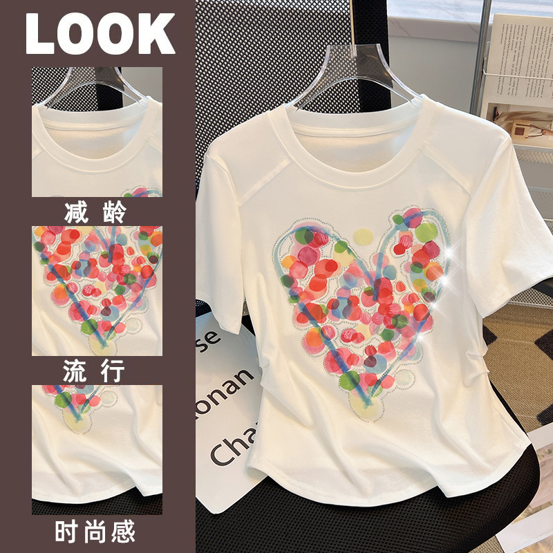 Summer heart printing T-shirt white pinched waist tops