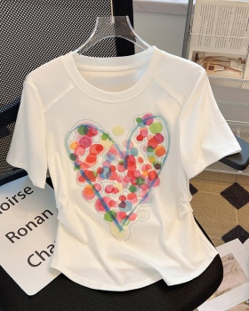 Summer heart printing T-shirt white pinched waist tops
