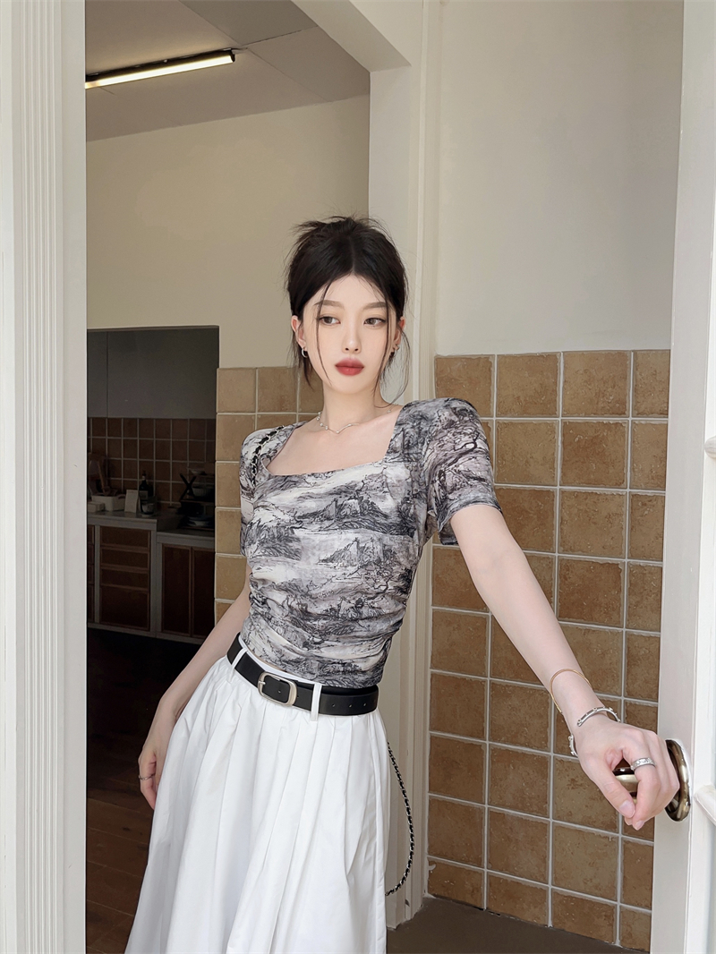 Blooming square collar T-shirt short Western style tops