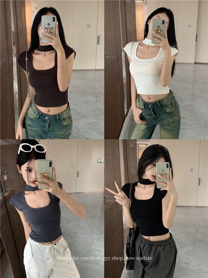 Pinched waist short T-shirt slim square collar tops