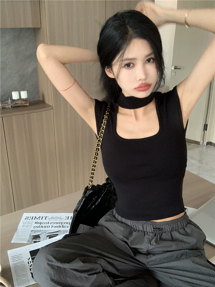 Pinched waist short T-shirt slim square collar tops