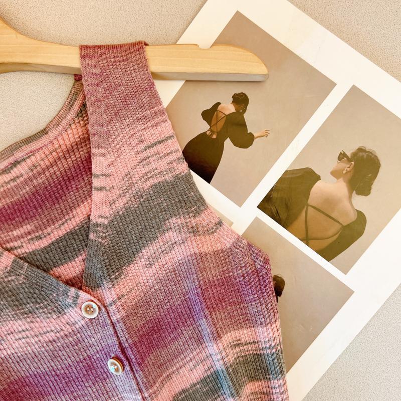 Summer rainbow knitted tops sling V-neck vest for women