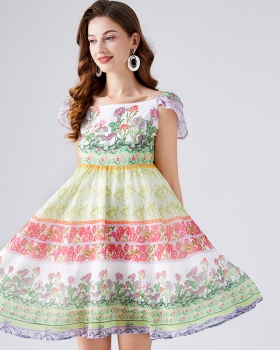 Printing flowers high waist chiffon colorful dress