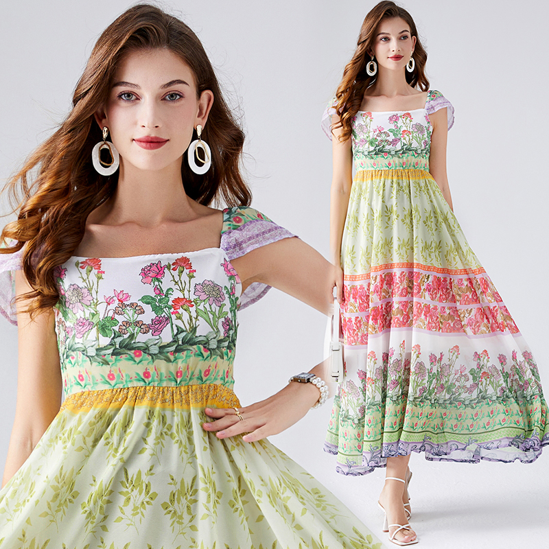 Chiffon printing summer high waist colorful dress
