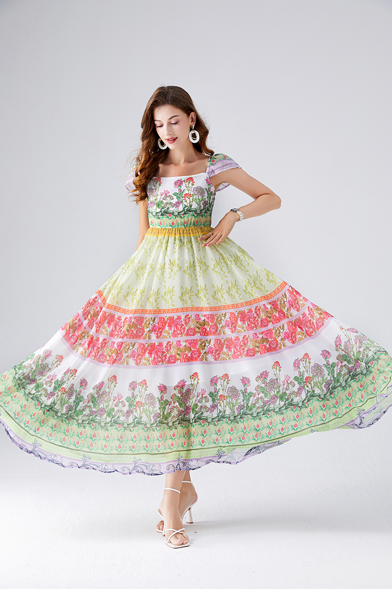 Chiffon printing summer high waist colorful dress