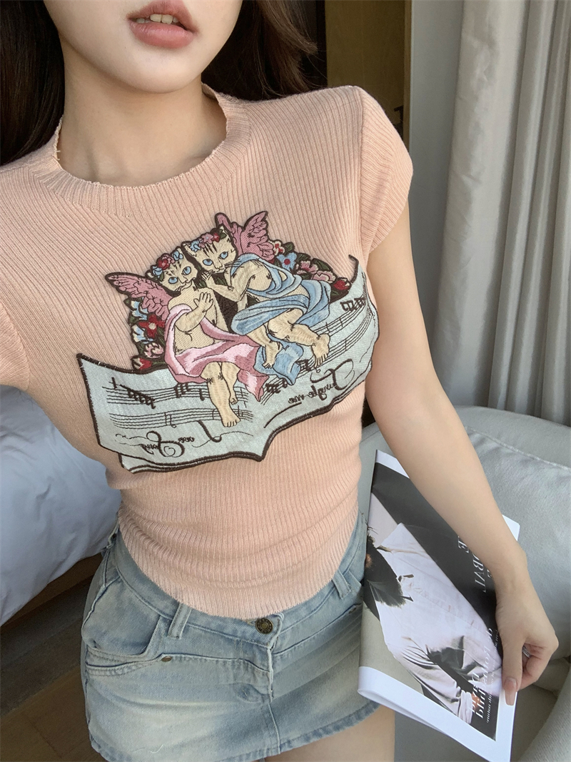 Round neck summer sweater embroidery kitty T-shirt