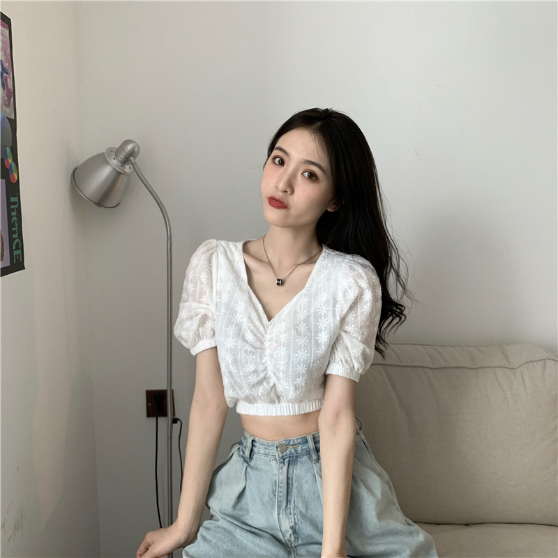 Hollow short maiden V-neck embroidery navel tops