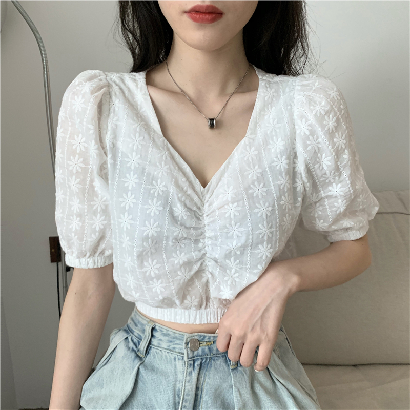 Hollow short maiden V-neck embroidery navel tops