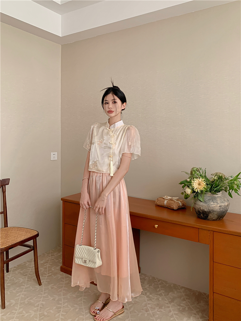 Chinese style short sleeve shirt summer skirt 2pcs set