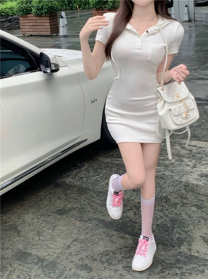 Hooded knitted pinched waist summer dress for women