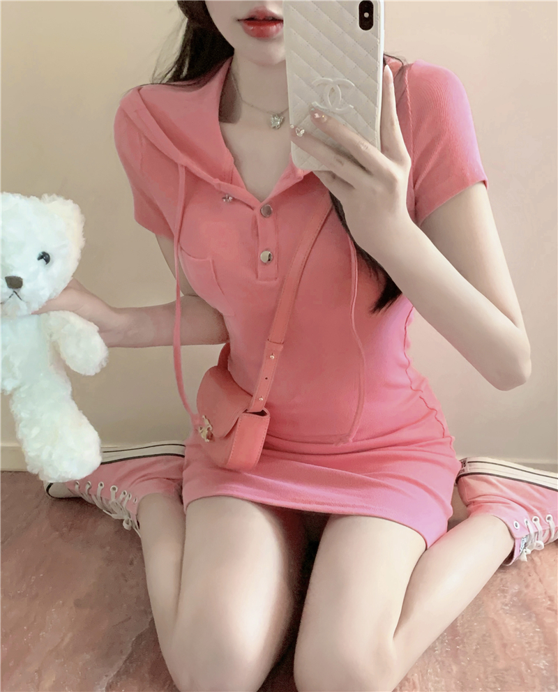 Hooded knitted pinched waist summer dress for women