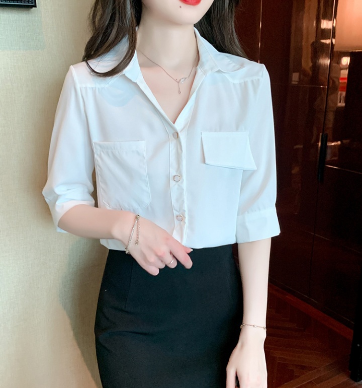 Pocket short sleeve shirt asymmetry V-neck tops for women