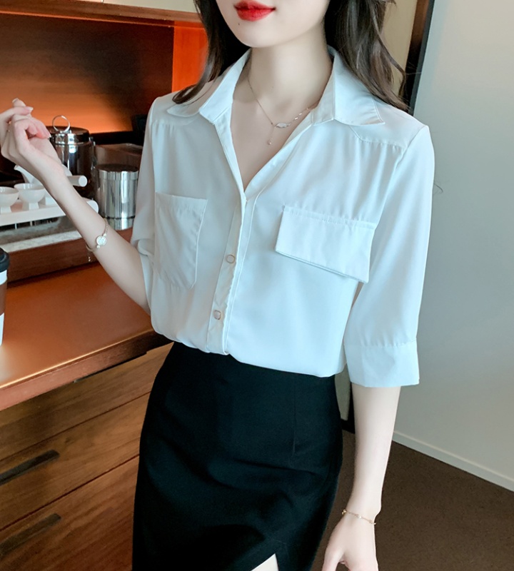 Pocket short sleeve shirt asymmetry V-neck tops for women