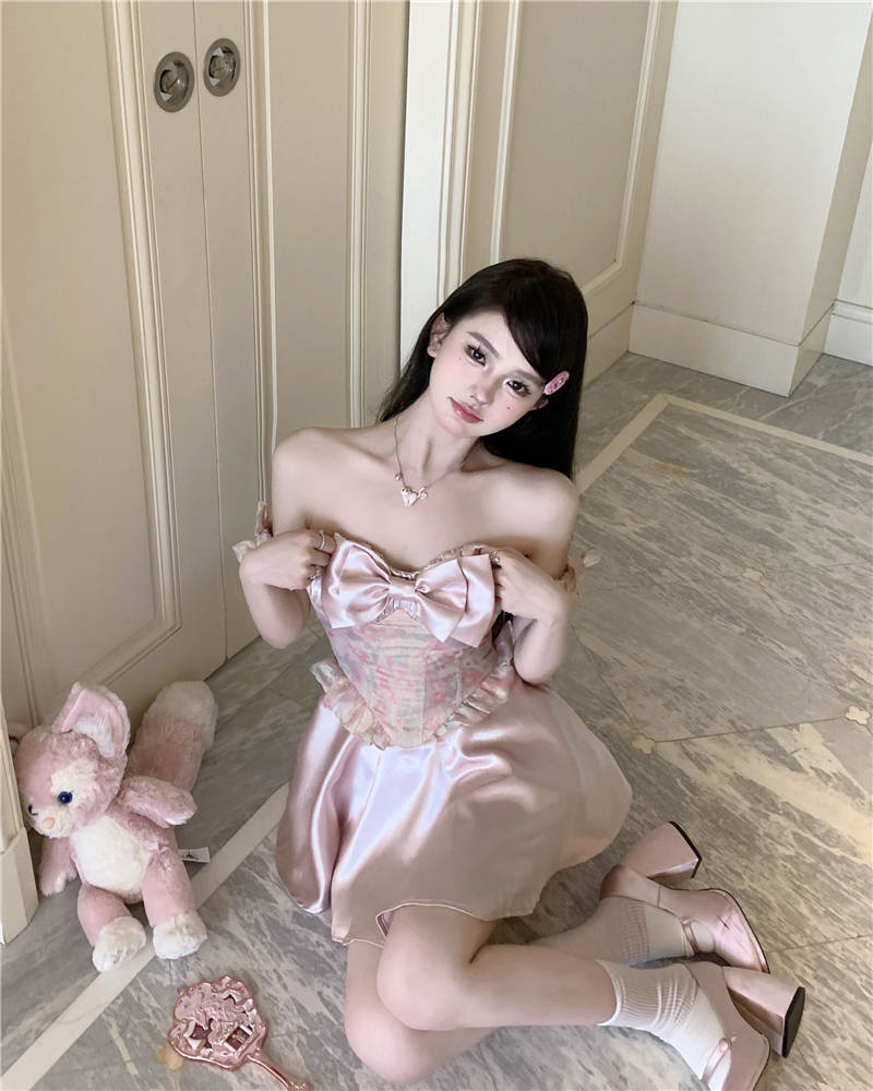 Pink summer collocation bud pants tender bow dress
