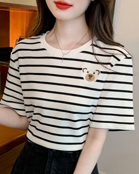 Stripe embroidery cubs tops short sleeve loose T-shirt for women