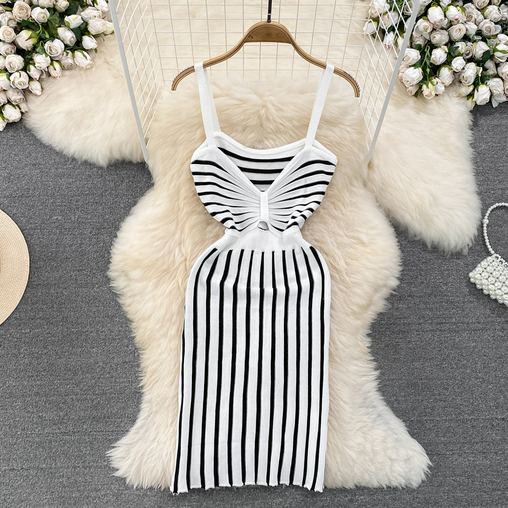 Pinched waist bow knitted wrapped chest sling dress