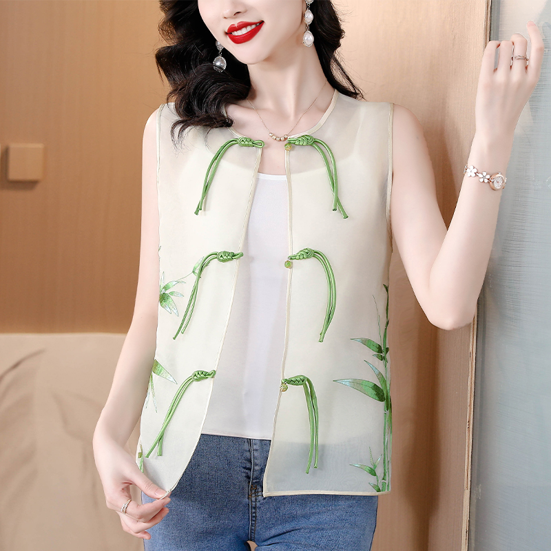 Green embroidery waistcoat Chinese style silk tops for women
