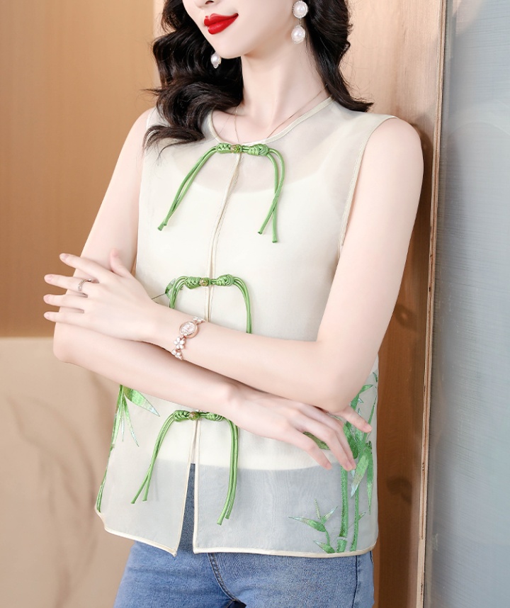 Green embroidery waistcoat Chinese style silk tops for women