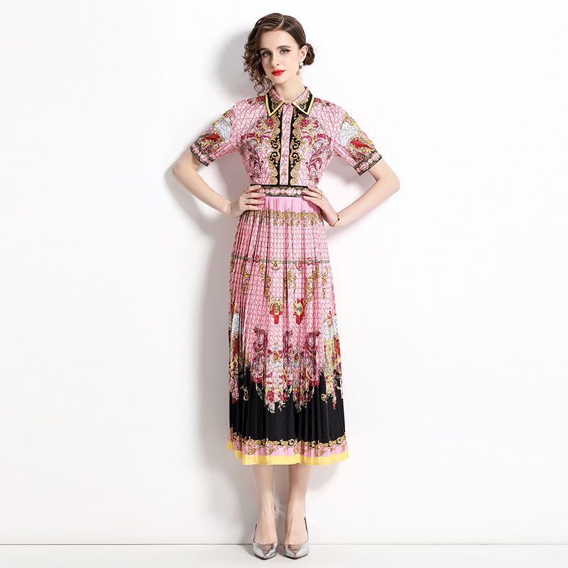 Short sleeve printing pleated pinched waist dress