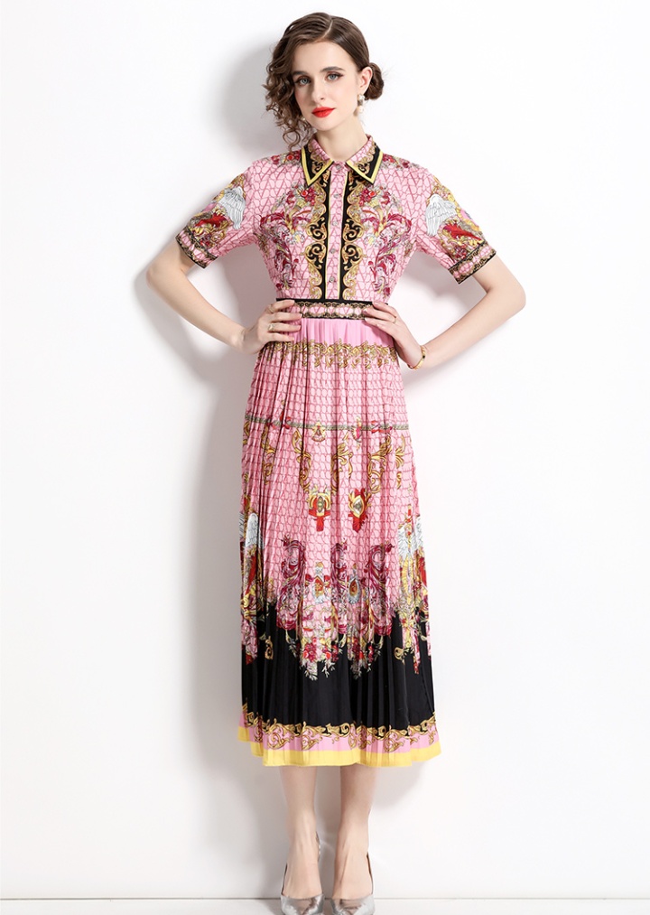 Short sleeve printing pleated pinched waist dress