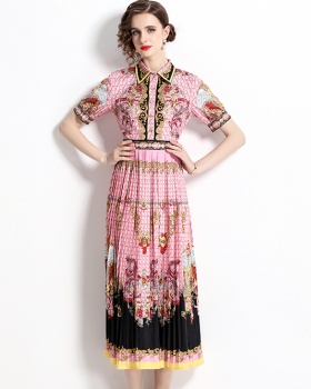 Short sleeve printing pleated pinched waist dress