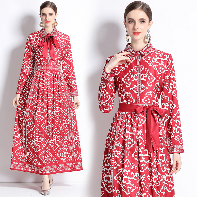 Pinched waist fashion printing all-match European style dress