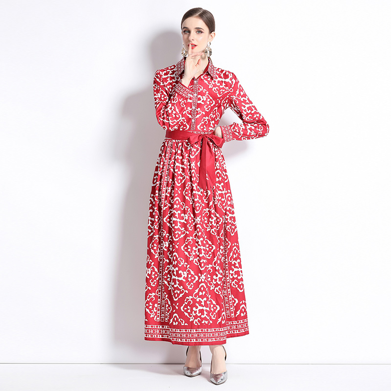 Pinched waist fashion printing all-match European style dress