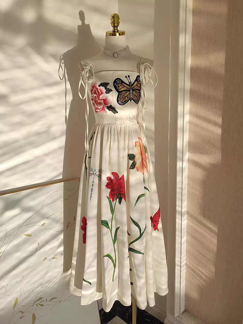 Printing sling frenum embroidery niche high waist dress