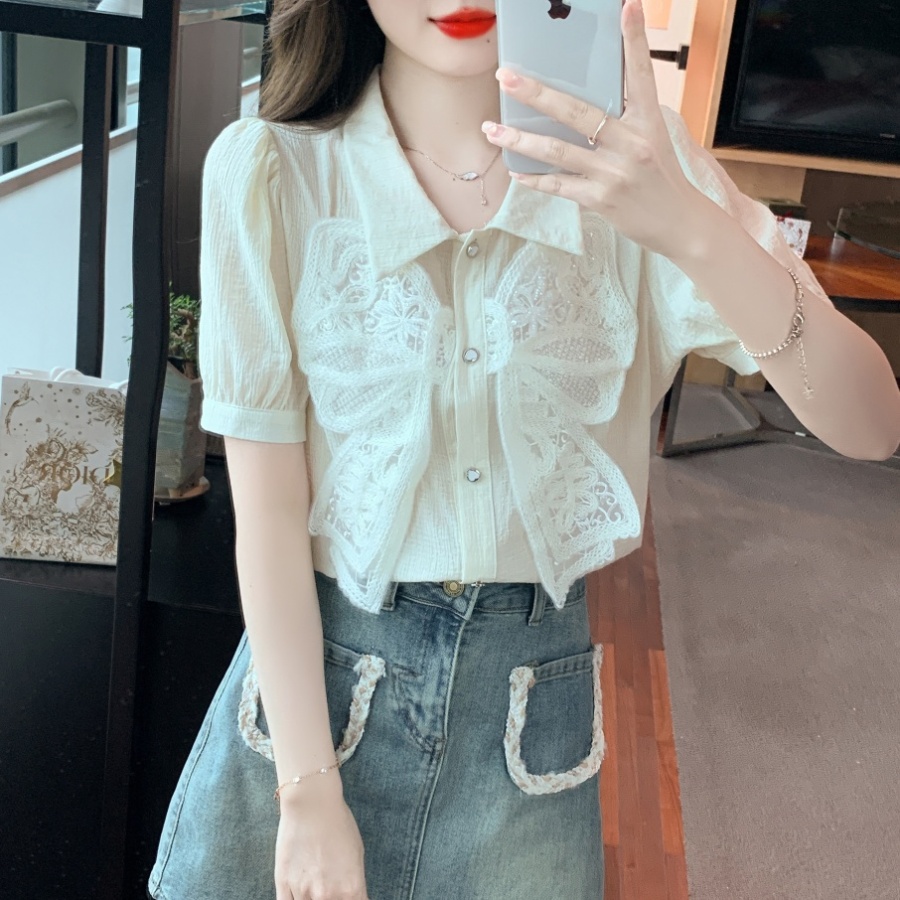 Puff sleeve short sleeve shirts lace bow chiffon shirt