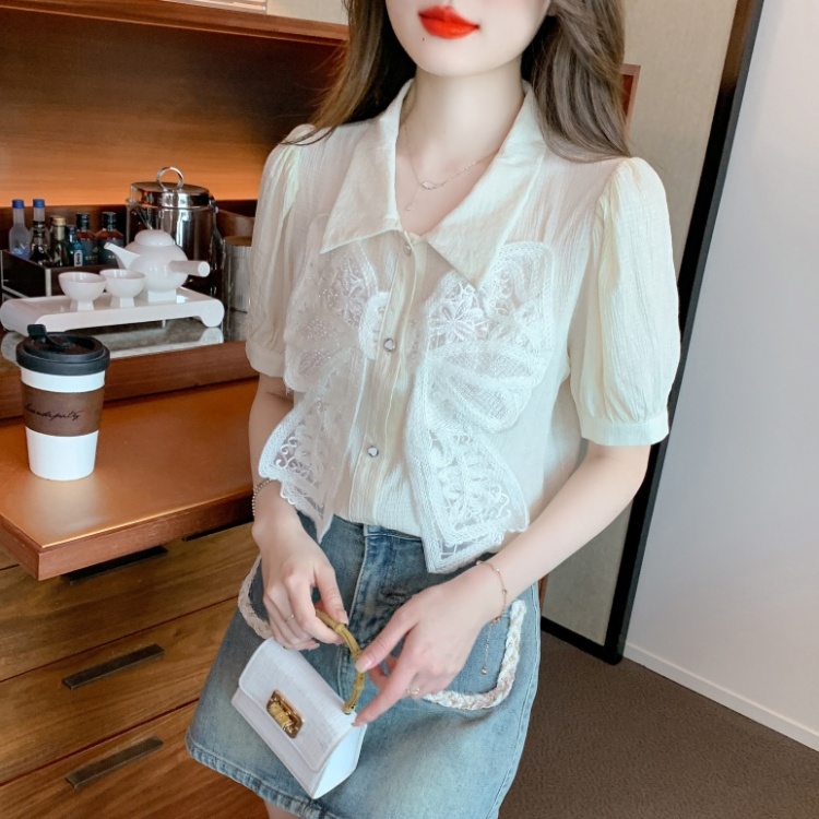 Puff sleeve short sleeve shirts lace bow chiffon shirt