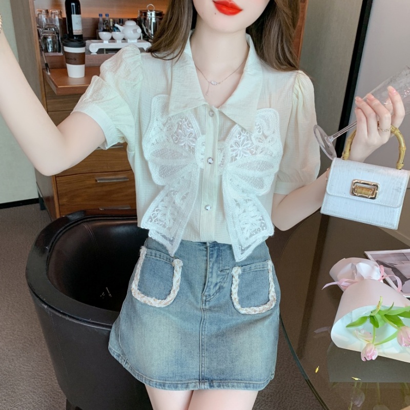 Puff sleeve short sleeve shirts lace bow chiffon shirt