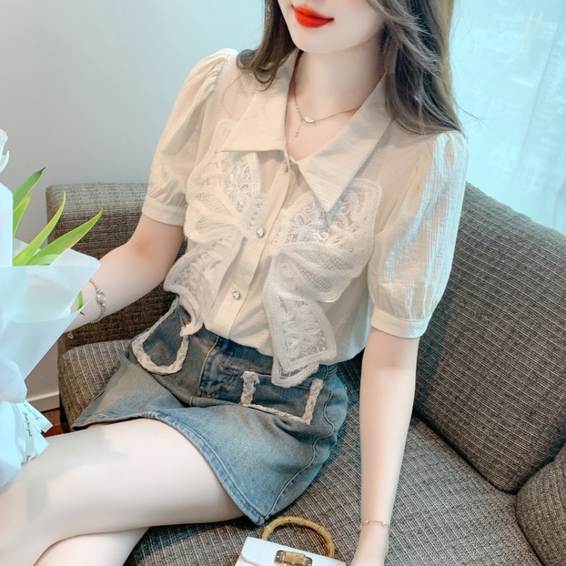 Puff sleeve short sleeve shirts lace bow chiffon shirt