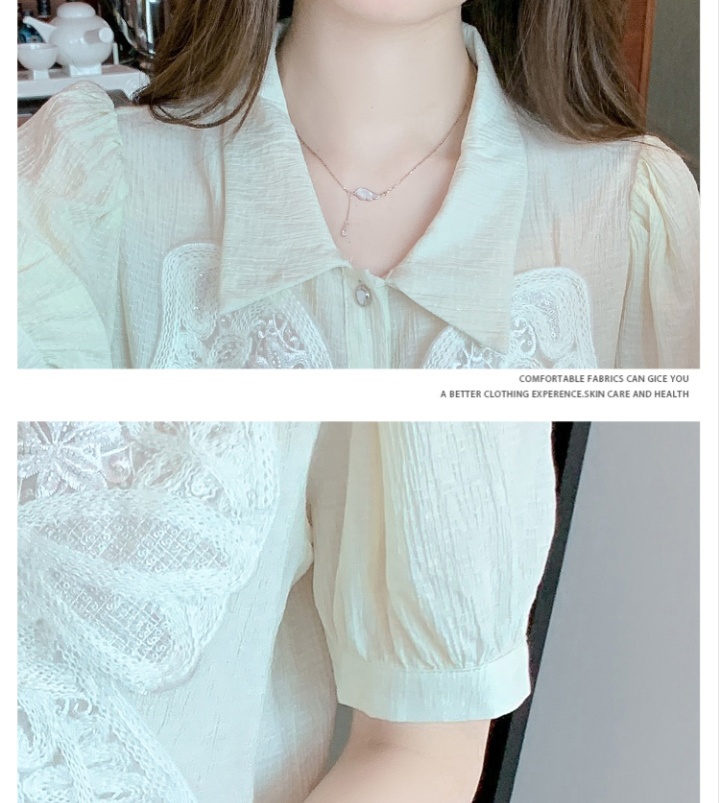 Puff sleeve short sleeve shirts lace bow chiffon shirt