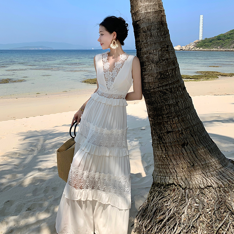 Seaside travel white beach dress lace hollow dress