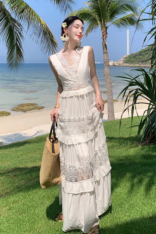 Seaside travel white beach dress lace hollow dress