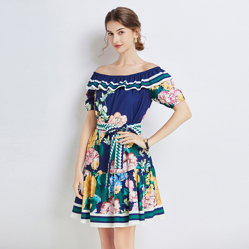 Summer printing wrapped chest lotus leaf edges dress
