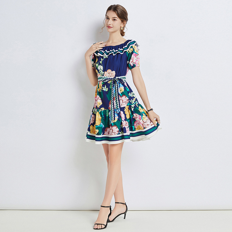 Summer printing wrapped chest lotus leaf edges dress