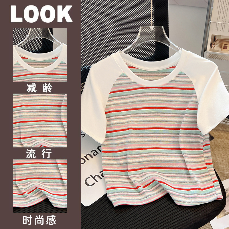 Short sleeve splice short T-shirt stripe rainbow tops for women