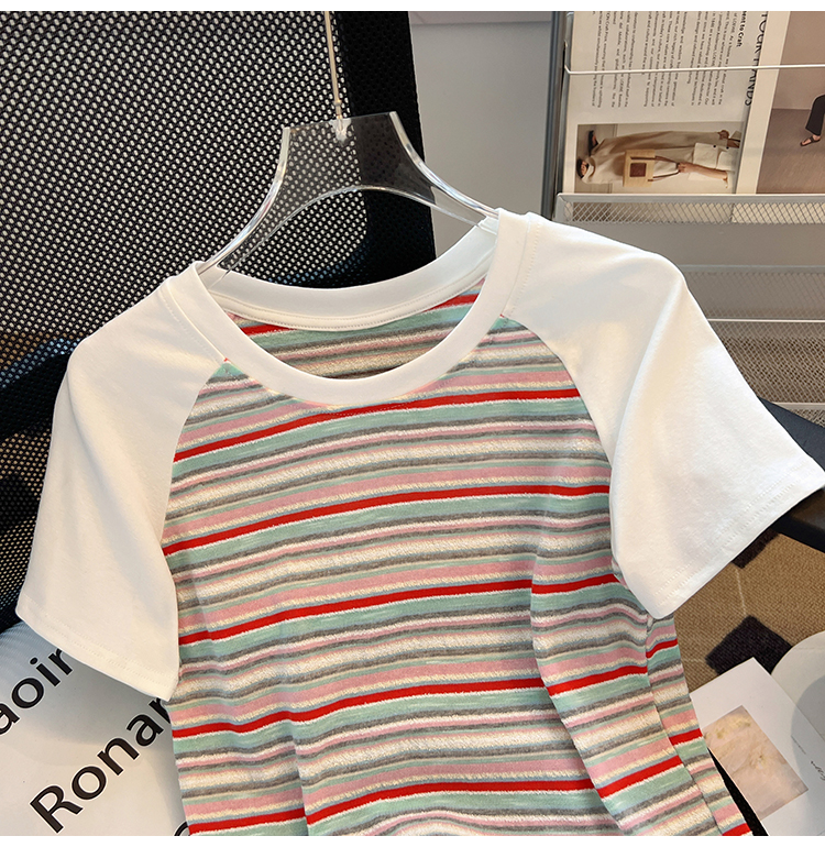 Short sleeve splice short T-shirt stripe rainbow tops for women