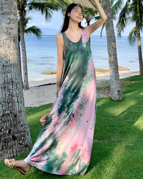 Sling printing dress mixed colors long dress for women