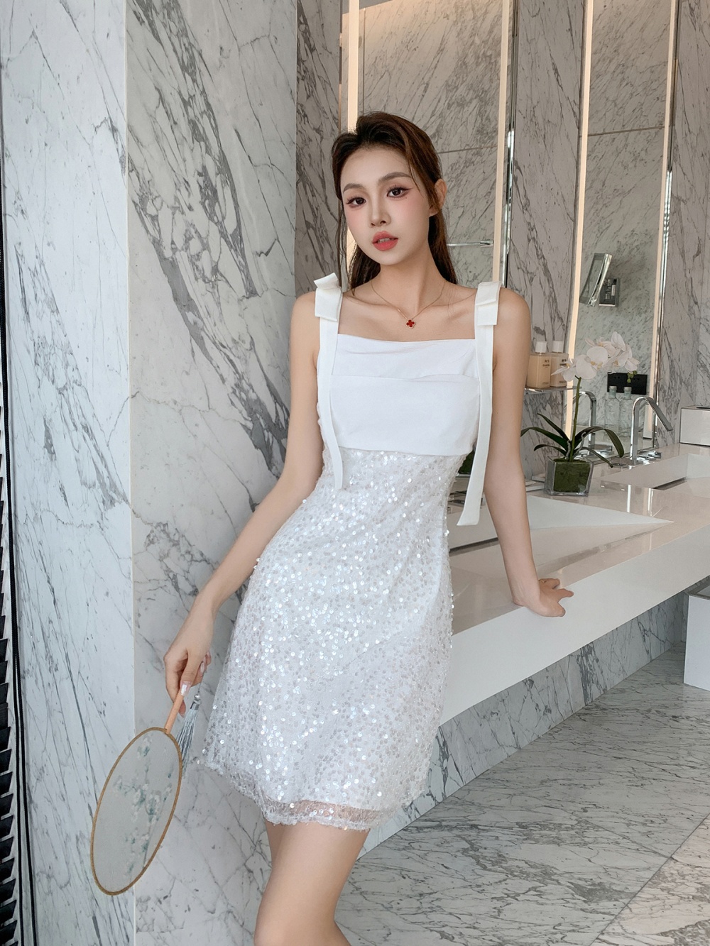 Slim white banquet formal dress wrapped chest elegant collar dress