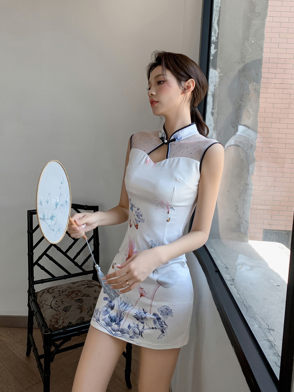 Printing sexy maiden cheongsam Chinese style hollow dress