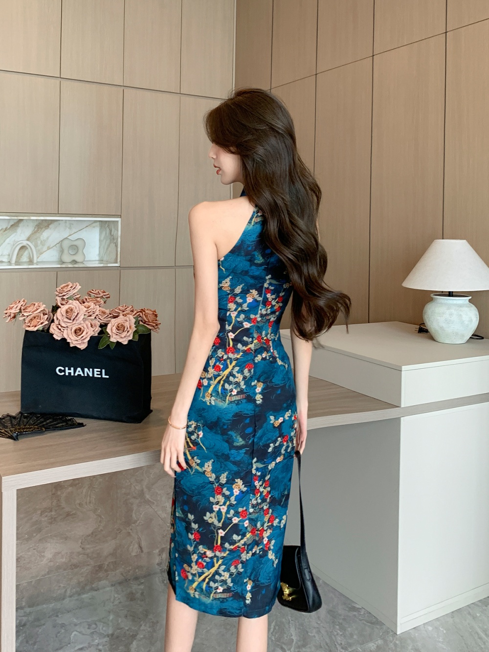 Halter Chinese style slim long dress split retro dress