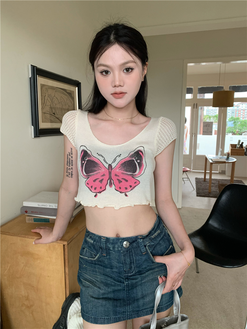 Printing short short sleeve butterfly sweater