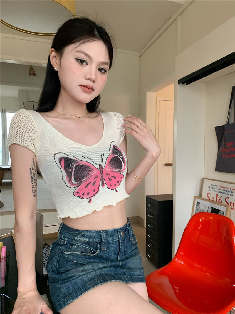 Printing short short sleeve butterfly sweater