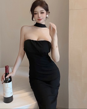 Halter wrapped chest France style dress bow black long dress