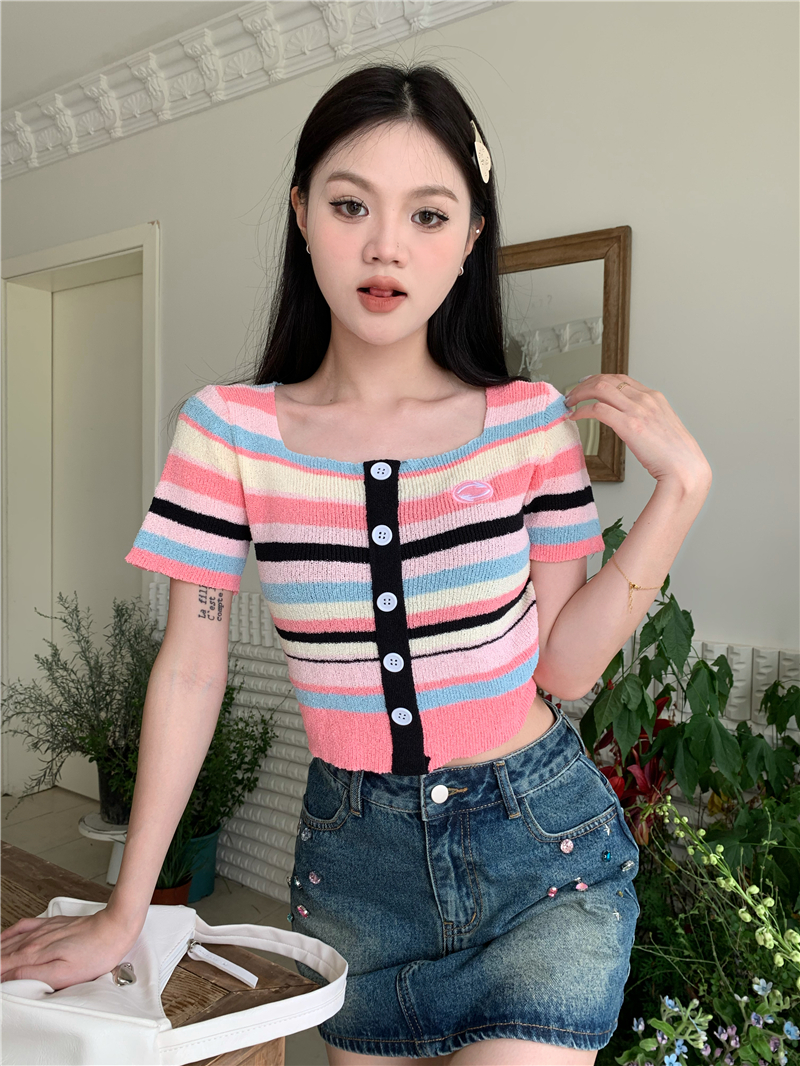 Short sleeve embroidery square collar tops