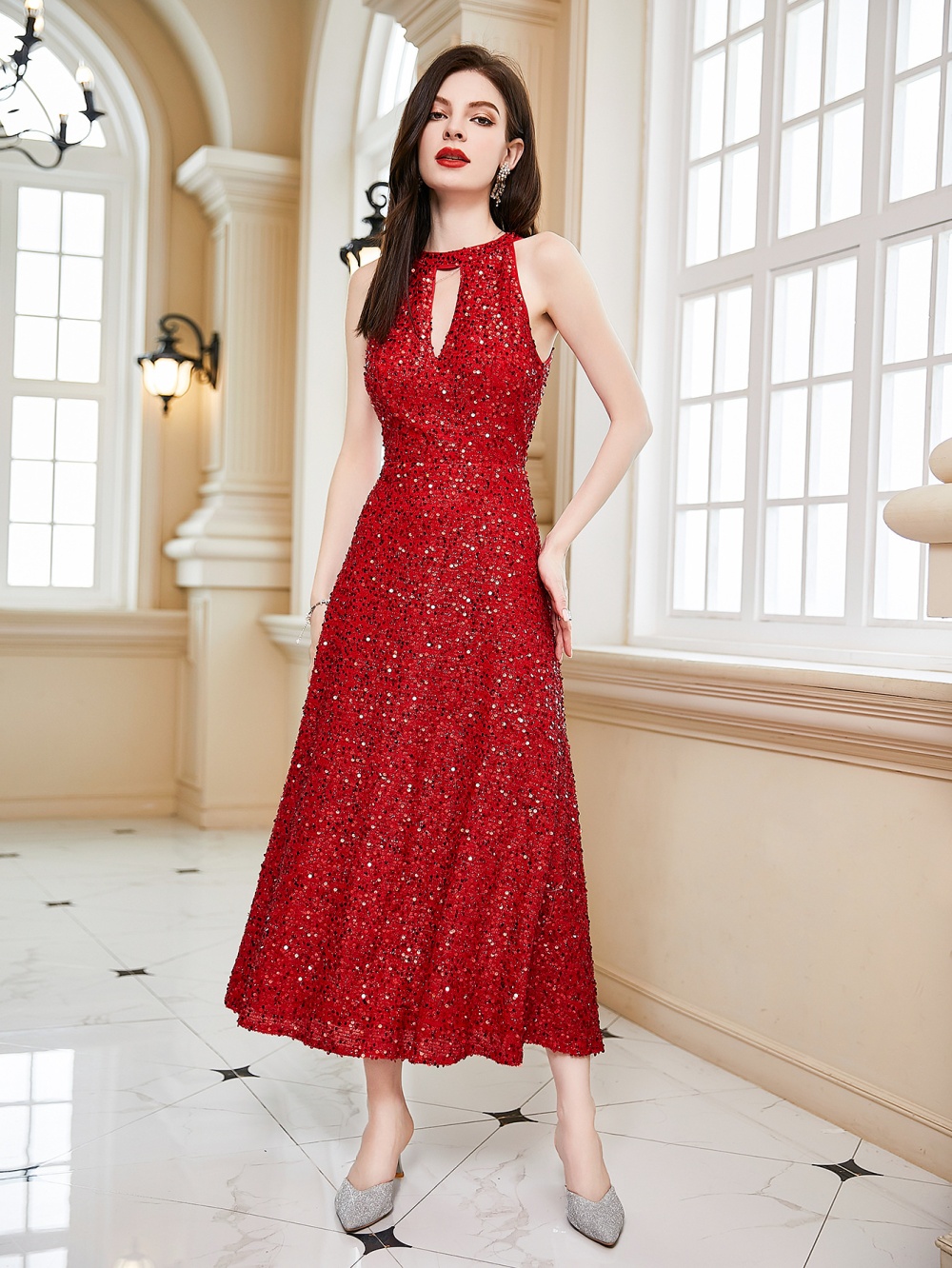 Summer European style formal dress halter sleeveless dress