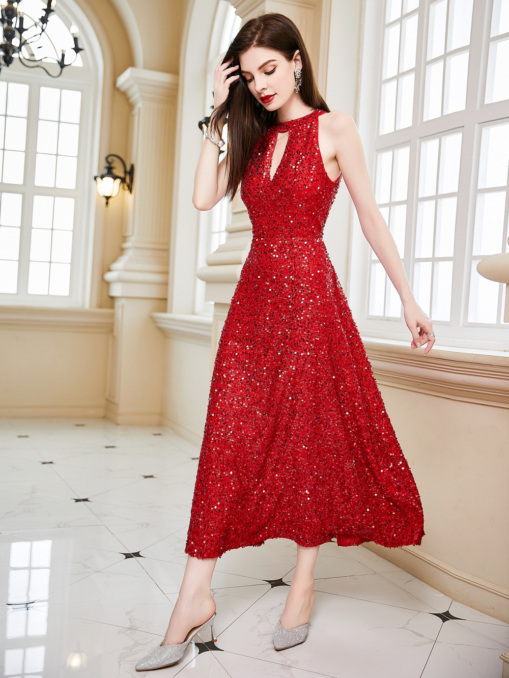 Summer European style formal dress halter sleeveless dress
