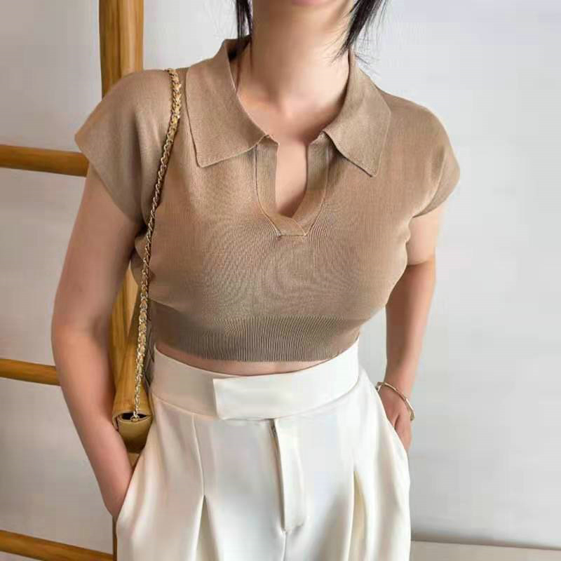 Short Korean style T-shirt lapel sweater for women